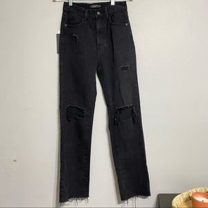 PrettyLittleThing Petite Black Distressed Straight Long Jeans
